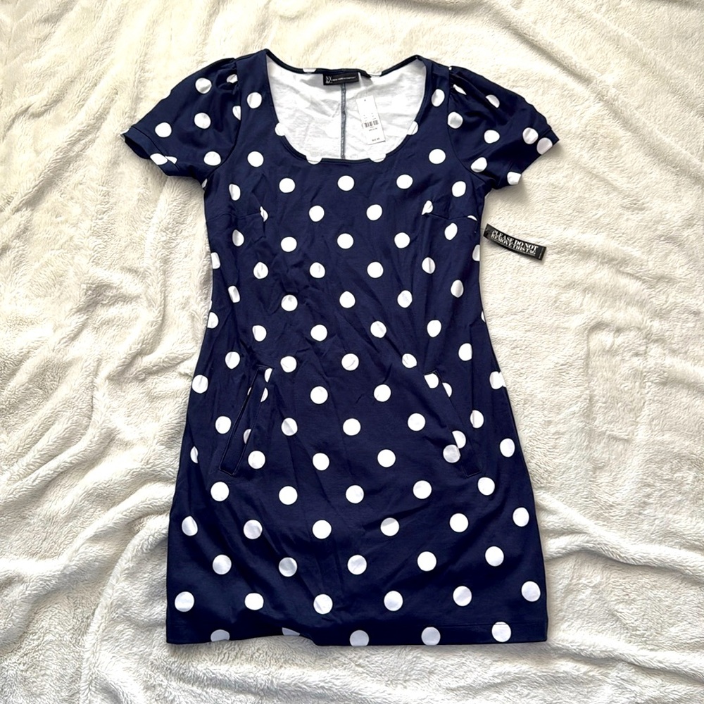 Blue and white polka dot dress with pockets
